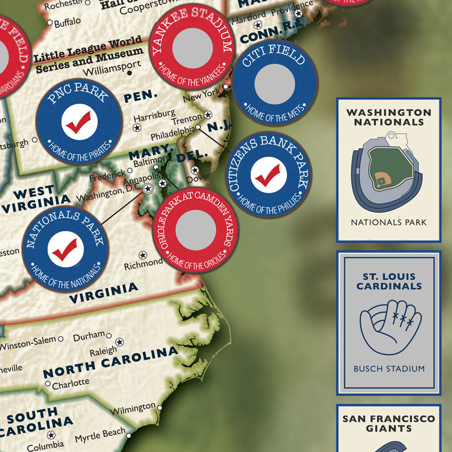 Ballpark Travel Quest Scratch Map Framed